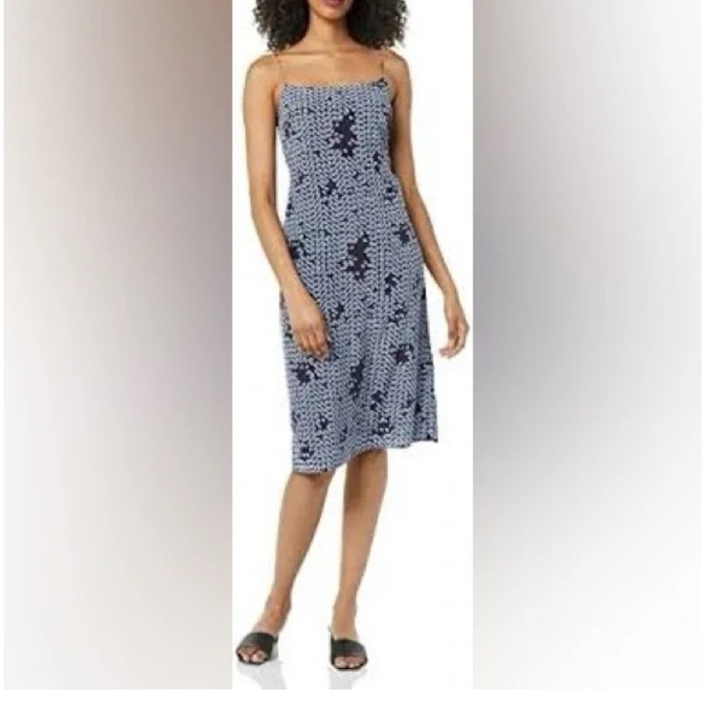 Theory Silk Tile Print Smocked‑Back Midi Slip Dress Blue White Size L
